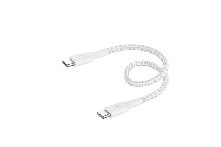 Cable USB-C Belkin BoostCharge , USB-C to USB-C up to 60W , 0.15m , Braided White , CAB004bt0MWH - Albagame