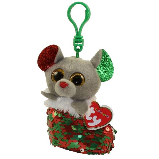 Plush Ty Boos Flippables Key Clip Chipper Mouse In A Sequin Stocking 8.5cm - Albagame