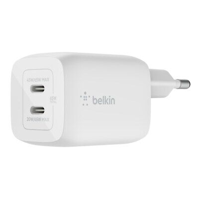 Socket Charger Belkin Mains 2x USB-C with GAN PD PPS up to 65Watt Total (1x45Watt + 1x20Watt) , White , BEL-0042 - Albagame