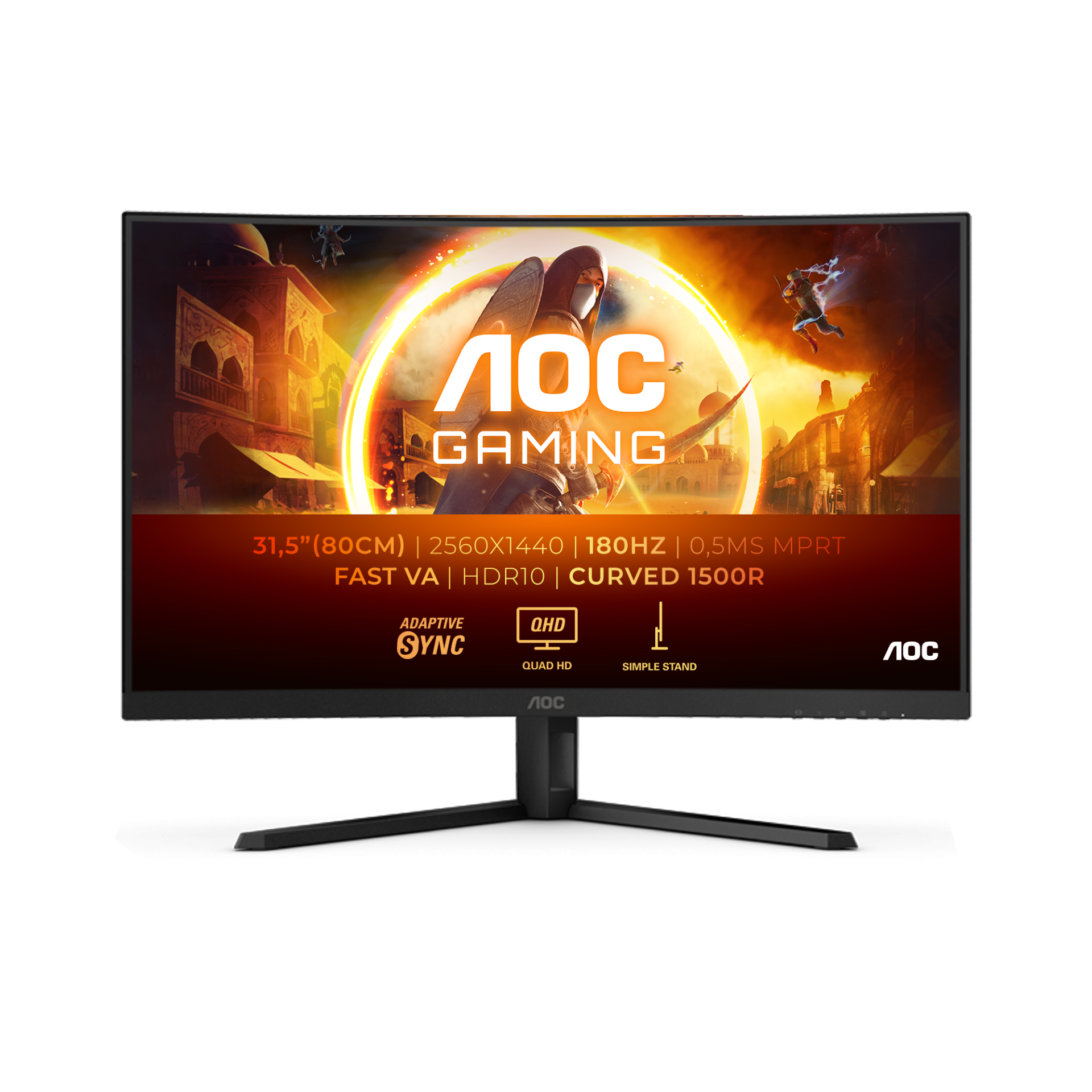 Monitor 31.5" AOC Gaming Curved 1500R  QHD 2560x1440p Fast VA 180Hz 0.5ms 300nits , 2xHDMI 1xDisplayPort , HAS , VESA , Adaptive Sync , Black/Red , CQ32G4VE , 1Y - Albagame