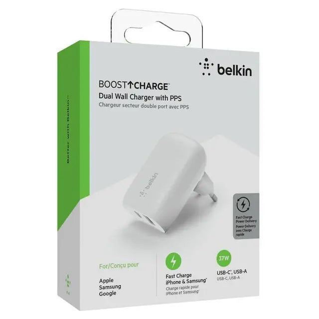 Charger 37W  Belkin BoostCharger , 1x USB-C up to 25W 1x USB-A up to 12W , White , WCB007VFWH - Albagame