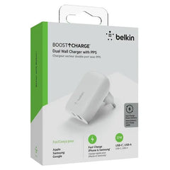 Charger 37W  Belkin BoostCharger , 1x USB-C up to 25W 1x USB-A up to 12W , White , WCB007VFWH - Albagame
