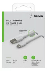 Cable USB-A  Belkin BoostCharge , USB-A to USB-C , 2m , Braided White , CAB002BT2MWH
