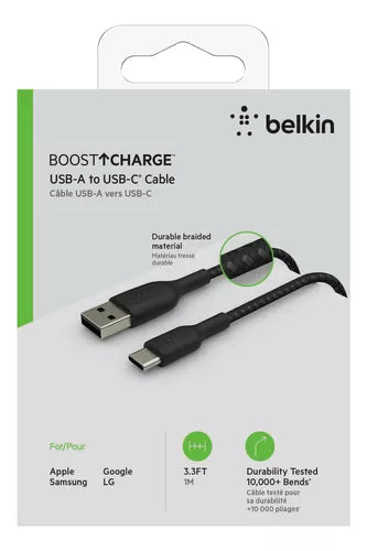 Cable USB-A  Belkin BoostCharge , USB-A to USB-C , 1m , Braided Black , CAB002BT1MBK