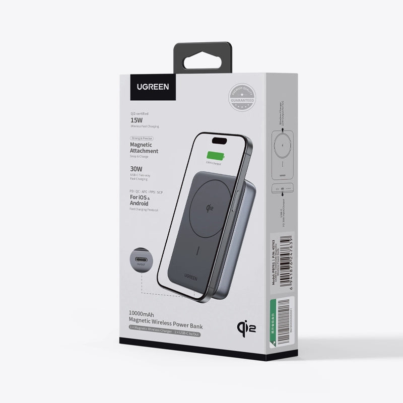 Power Bank 10,000mAh Ugreen Qi2 Magnetic Wireless Charging up to 15W , 1x USB-C 30W PD Input/Output , Black , Model PB761 , 45763