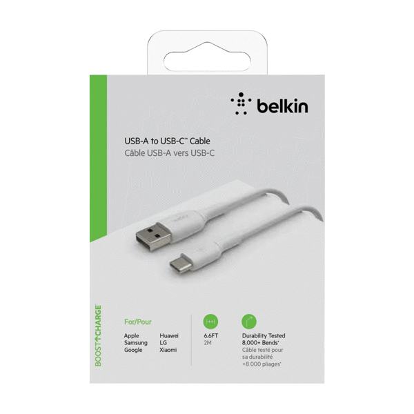 Cable USB-A  Belkin BoostCharge , USB-A to USB-C , 2m , White , CAB001BT2MWH - Albagame