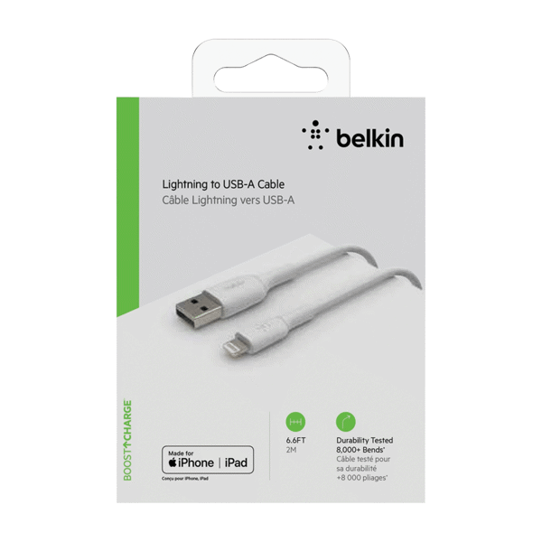 Cable USB-A to Lightning  Belkin BoostCharge up to 18W , Charging and data sync , White , 2m , BEL-0058 - Albagame