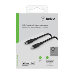 Cable USB-C  Belkin BoostCharge , USB-C to Lightning , 1m , Braided Black , CAA004BT1MBK - Albagame