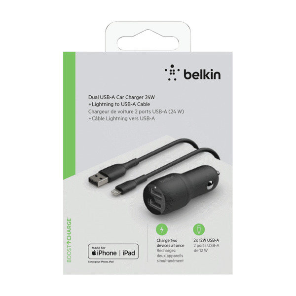 Charger 24W  Belkin Dual USB-A Car Charger , 1x USB-A to Lightning Cable 1m , Black , CCB001BTBK - Albagame
