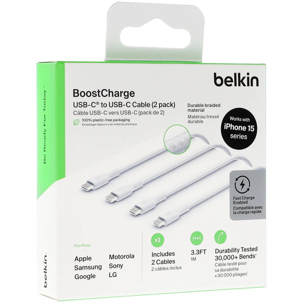 Cable USB-C  Belkin BoostCharge , 2x USB-C to USB-C , 1m , Braided White , Pack of 2pcs , CAB004BT1MWH2PK - Albagame