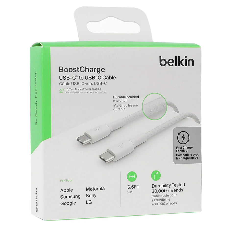 Cable USB-C  Belkin BoostCharge , USB-C to USB-C up to 60W , Braided , 2m , White , CAB004BT2MWH - Albagame