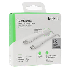 Cable USB-C  Belkin BoostCharge , USB-C to USB-C up to 60W , Braided , 2m , White , CAB004BT2MWH - Albagame