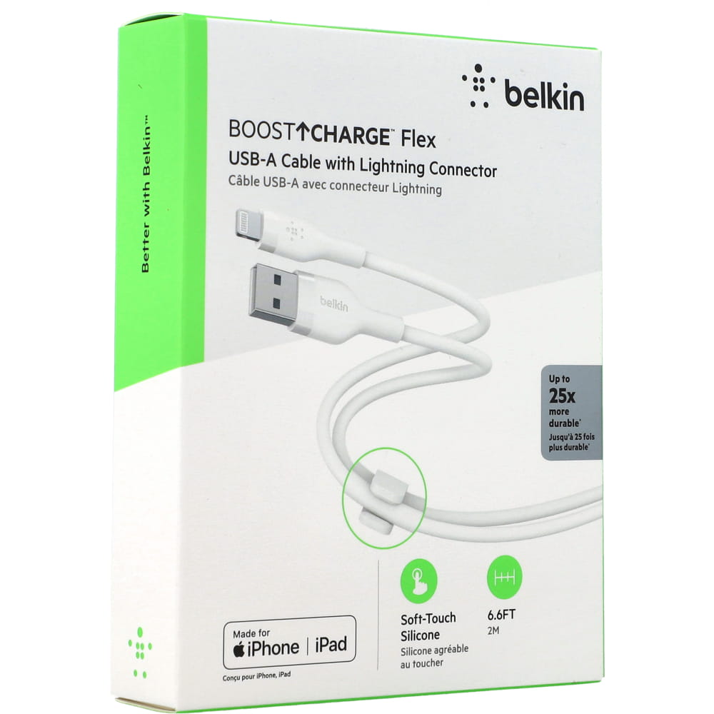 Cable USB-A  Belkin BoostCharge Flex , USB-A to Lightning , 2m , White , CAA008BT2MWH - Albagame