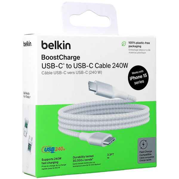 Cable USB-C  Belkin BoostCharge , USB-C to USB-C up to 240W , 1m , Braided White , CAB015BT1MWH - Albagame