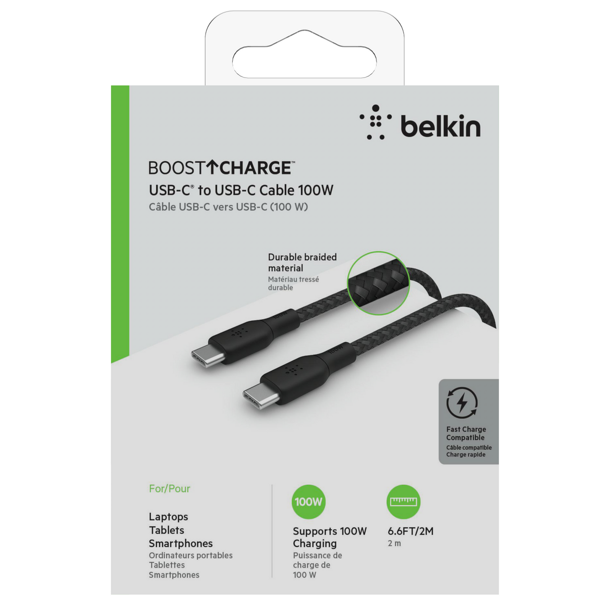 Cable USB-C to USB-C  Belkin , up to 100 Watt with 20V/5A , Charging and data sync , Braided Nylon Black , 2m , BEL-0033 - Albagame
