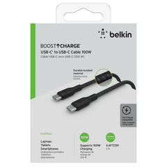 Cable USB-C to USB-C  Belkin , up to 100 Watt with 20V/5A , Charging and data sync , Braided Nylon Black , 2m , BEL-0033 - Albagame