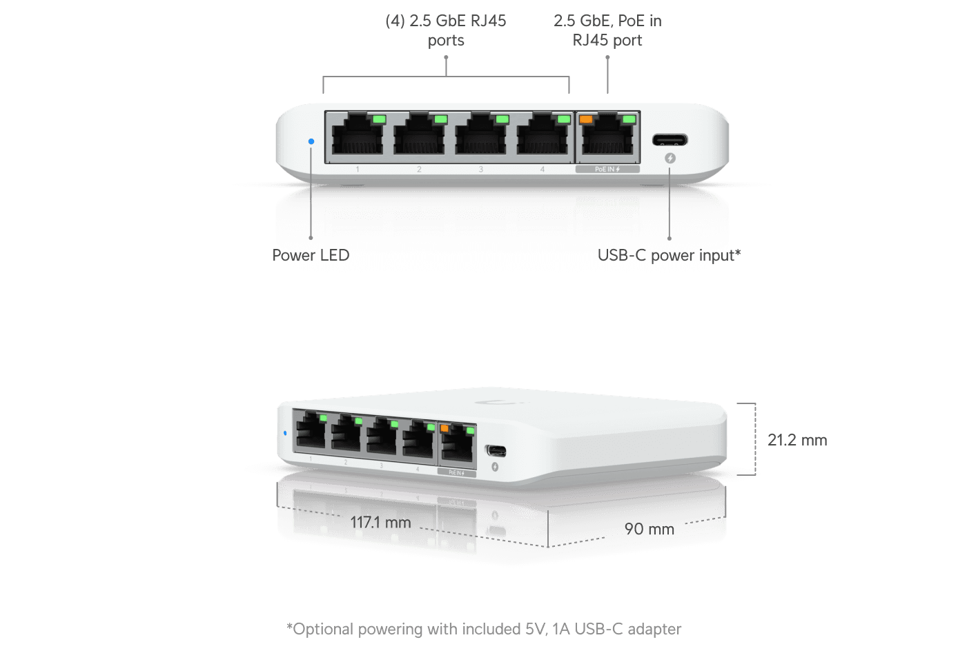 Switch 5 Ports Ubiquiti UniFi USW Flex Mini 2.5G , 5x 2.5 Gigabit Ethernet RJ45 100/1000/2500  1x PoE port  , Managed , USW-Flex-2.5G-5 - Albagame