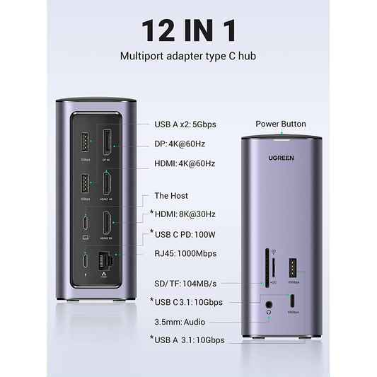 Dock Station PRO Ugreen 12in1 3xUSB-A , 3x USB-C , 2x HDMI , 1xDisplayPort , 1x RJ45 + 1x SD & 1x MicroSD - Albagame