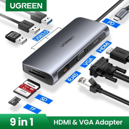 HUB Ugreen 9in1 USB-C 3.1 to 1x HDMI , 1x VGA , 1x Gigabit RJ45 Ethernet , 3x USB-A 3.0 , 1x SD Reader , 1x MicroSD Reader , Silver , 40873 - Albagame