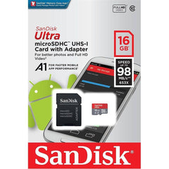 Card MicroSDHC 16GB SanDisk Ultra Android + SD Adapter + Memory Zone App 98Mb/S A1 C10 Uhs-I [16134] - Albagame
